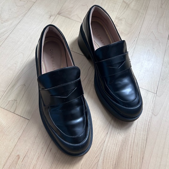 Cole Haan Black Leather Platform Penny Loafers - Picture 2 of 8
